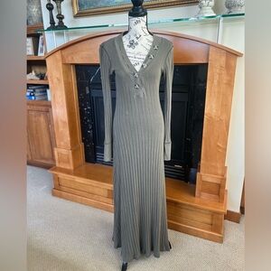 Free People Ribbed Long-Sleeve V-Neck Maxi Dress in Olive
